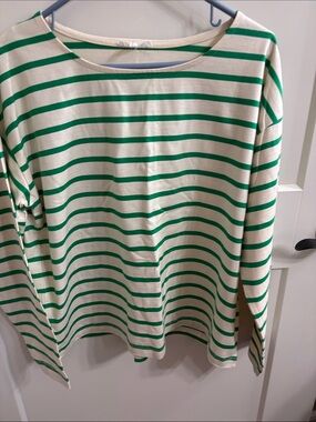 Maurices Cream & Green Striped Long Sleeve Tee - Boat Neck